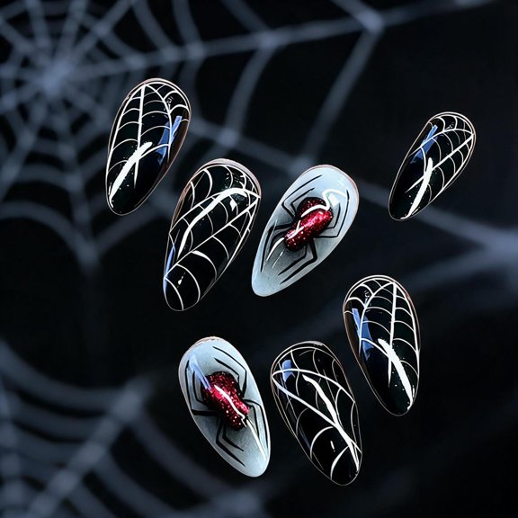 YuYoulan Costume Styling Press On Nail for Halloween Event, Animal Web Glitters False Nail Set with 24 Pieces, Quick Wear Application, and Instructions