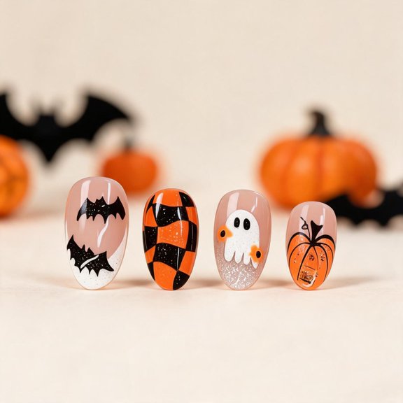 YuYoulan Halloween Press On Manicure 24Pcs Oval Set With Pumpkin Bat Character Art