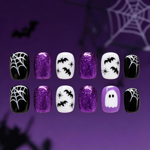 YuYoulan Halloween Press On Manicure Set 24 Pcs, Purple Accent Bat Web Art