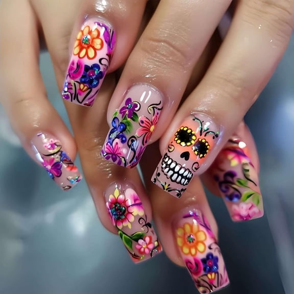 YuYoulan Halloween Press On Manicure With Floral Skull Party Accent Set