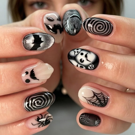 YuYoulan Short Oval Halloween Wearable Manicure Set with Dimensional Artwork