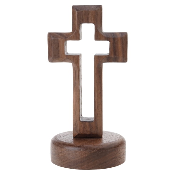 YuYoulan Walnut Wooden Hollowout Crosses with Base Table Decors Home Ceremony Display