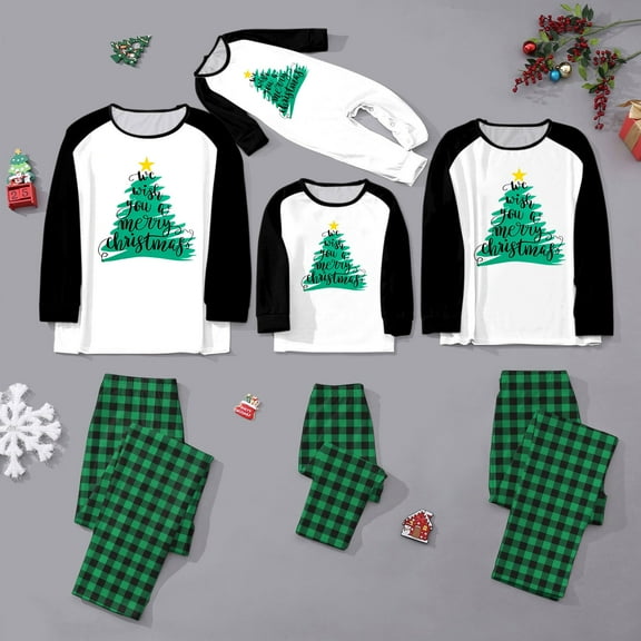YuYuBao Family Matching Christmas Pajamas Set Xmas Tree Print Top And Plaid Pants For Dad Mom Kids Baby Holiday Pjs