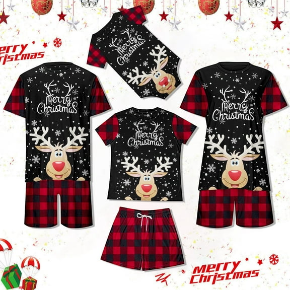 YuYuBao Family Matching Christmas Pajamas Sets Reindeer Snowflake Pajama Set Red Plaid Short Sleeve Holiday Sleepwear Sets