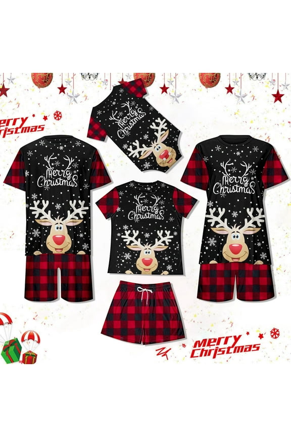 Family Matching Christmas Pajamas Sets Reindeer Snowflake Pajama Set Red Plaid Short Sleeve Holiday Sleepwear Sets