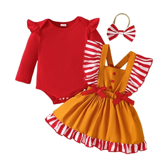YuYuBao Toddler Girls Outfits Sets Long Sleeve Striped Romper Bodysuits Suspender Skirts With Headbands 3 Piece Girls Dress Princess Outfits, 3-6 Months