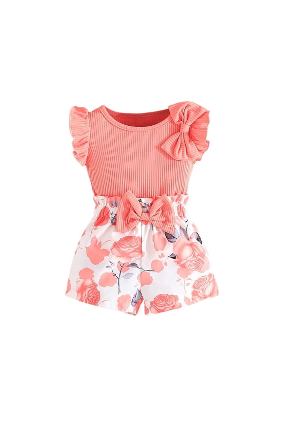 Baby Girls Outfits Sets Summer Pure Color Ribbed Ruffles Tshirts With Print Shorts 2 Piece Baby Girls Boho Beach Clothes, 6-9 Months