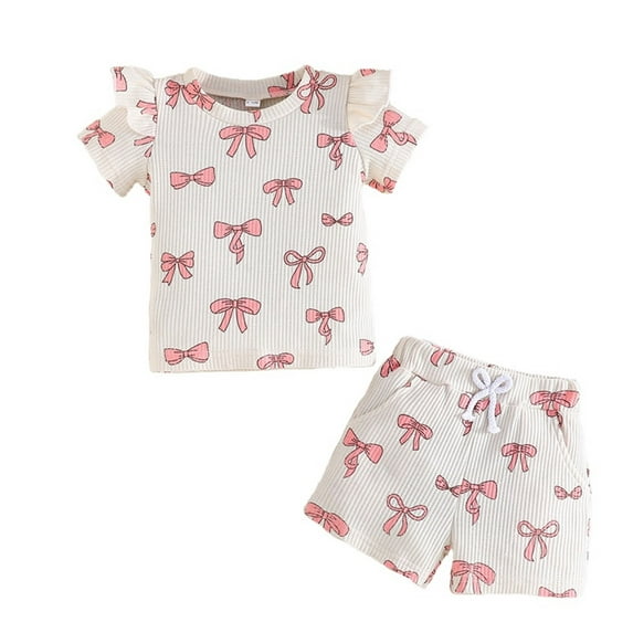 YuYuBao Baby Girls Outfits Sets Summer Soft Cute Bowknot Print White Ruffles Tops + Pants 2Pc Baby Girls Home Clothes Outfits, 9-12 Months