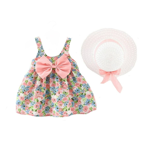 YuYuBao Girls Dress Summer Floral Ruched Strap Cute bowknot Sleeveless Dresses With Straw Hats Outfits Baby Girls beach sundress , 2-3 Years