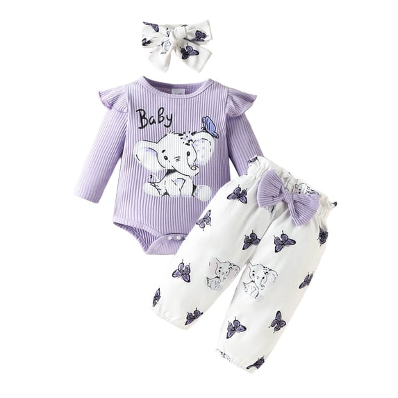 YuYuBao Newborn Girls Outfits Sets Long Sleeve Ribbed Cartoon Print Romper + Pants + Headbands 3pcs Infant Girls Outfits