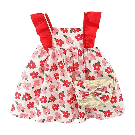 YuYuBao Toddler Girls Dress Floral Princess Beach Vacation Sundress with Bag Outfits Ruffles Summer Set Baby Girls Sleeveless Dresses , 3-6 Months