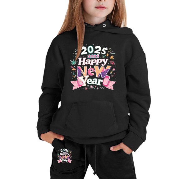 YuYuBao Toddler Girls Outfits Sets 2025 New Year Print Long Sleeve Letter Print Hooded Tops   Pants Kids Boys Sets