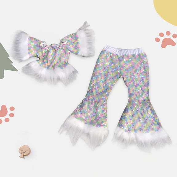 YuYuBao Toddler Girls Outfits Sets Sequin Suit Princess Tops Glitter Long Leg Flare Pants My 1st Birthday Party Sets