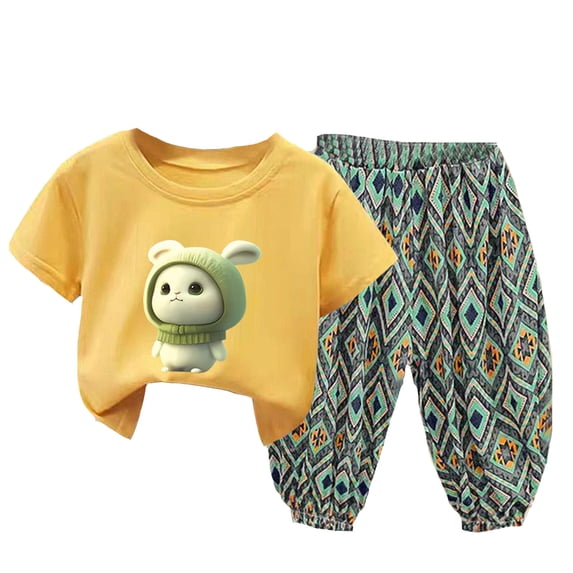 YuYuBao Toddler Girls Outfits Sets Summer Cute Cartoon Print Short Sleeve Tops And Floral Print Pants Playwear 2 Piece Kids Girls Loose Beach Clothes, 2-3 Years