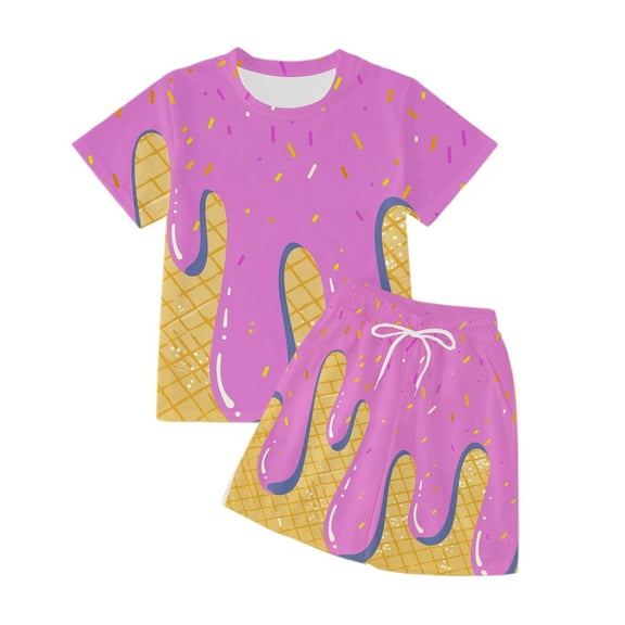 YuYuBao Toddler Girls Outfits Sets Summer Ice Cream Print Short Sleeve Tshirts With Shorts Set Daily Wear Kids Girls Clothes Matching Outfits, 4-5 Years