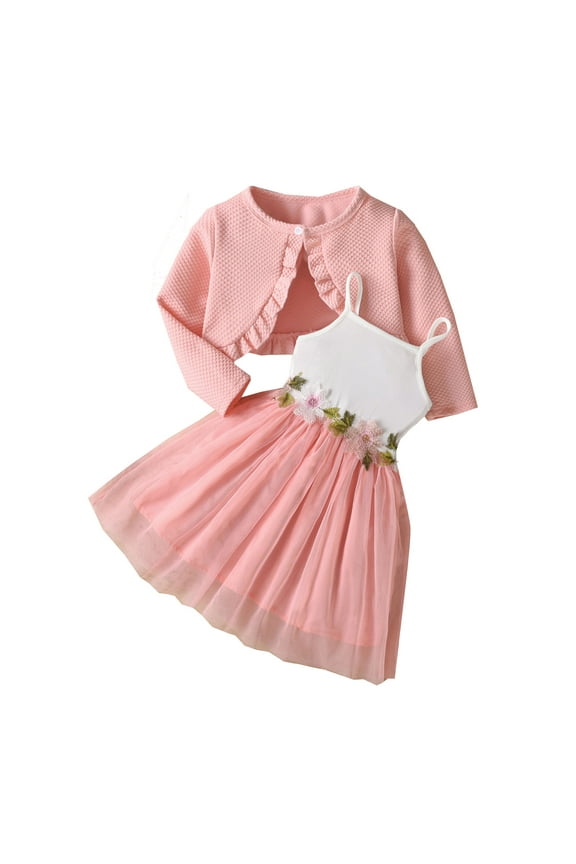 Toddler Girls Outfits Sets Summer Long Sleeve Ruffles Cardigan Tops + Floral Camis Tulle Pageant Prom Dress Outfits Girls Princess Clothing Sets, 6-7 Years