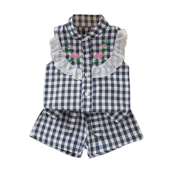 YuYuBao Toddler Girls Outfits Sets Summer Plaid Print Embroidery Ruffles Tops And Shorts Sets 2 Piece Children Girls Classic Loose Beach Clothing Sets, 3-4 Years