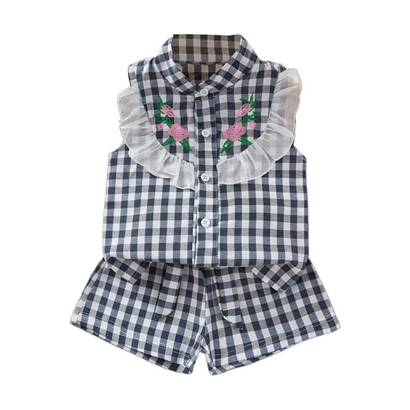 YuYuBao Toddler Girls Outfits Sets Summer Plaid Print Embroidery Ruffles Tops And Shorts Sets 2 Piece Children Girls Classic Loose Beach Clothing Sets, 3-4 Years