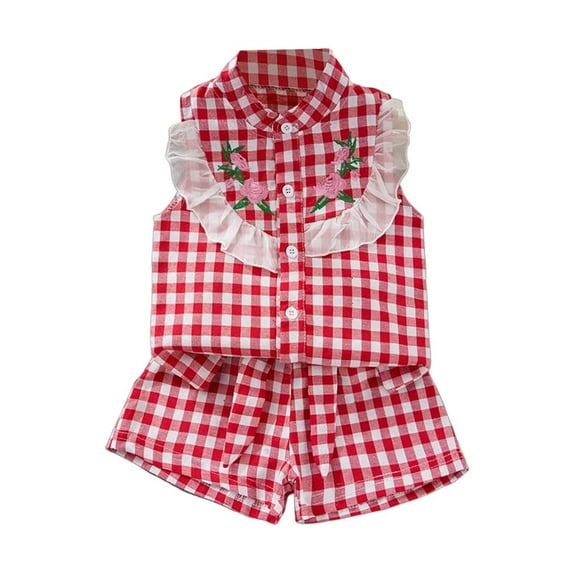 YuYuBao Toddler Girls Outfits Sets Summer Plaid Print Embroidery Ruffles Tops And Shorts Sets 2 Piece Children Girls Classic Loose Beach Clothing Sets, 5-6 Years