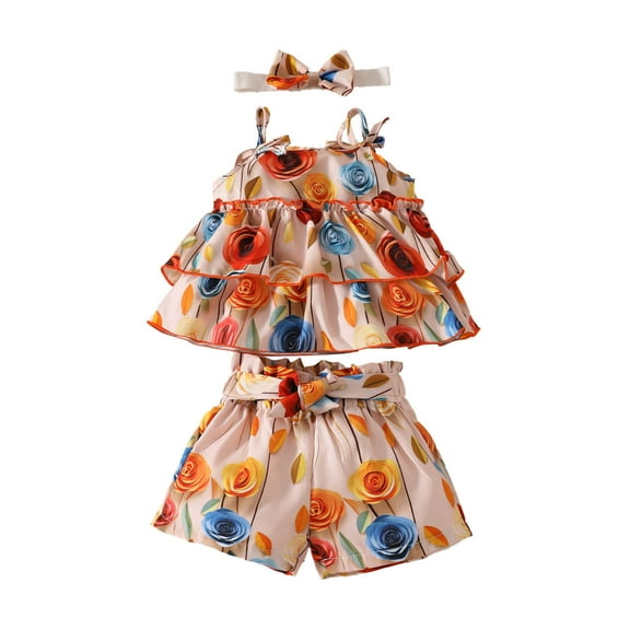 YuYuBao Toddler Girls Outfits Sets Summer Sleeveless Floral Print Vests Tops With Ruffles Shorts Headbands Outfits 3 Piece Little Girls Casual Sets, 18-24 Months