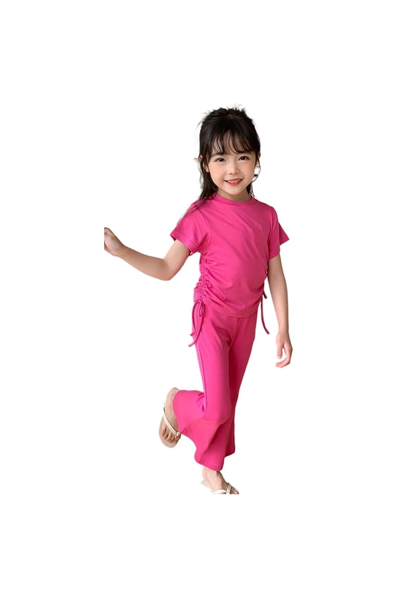 Toddler Girls Outfits Sets Summer Solid Color Drawstrings Tshirts Tops And Flared Pants Soft Playwear 2 Piece Little Girls Classic Athletic Sets, 2-3 Years