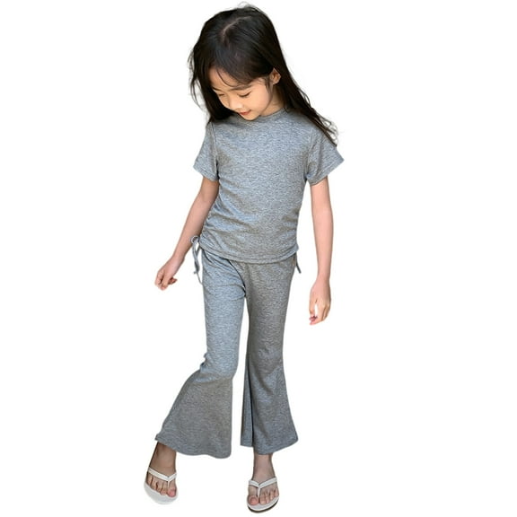 YuYuBao Toddler Girls Outfits Sets Summer Solid Color Drawstrings Tshirts Tops And Flared Pants Soft Playwear 2 Piece Little Girls Classic Athletic Sets, 2-3 Years