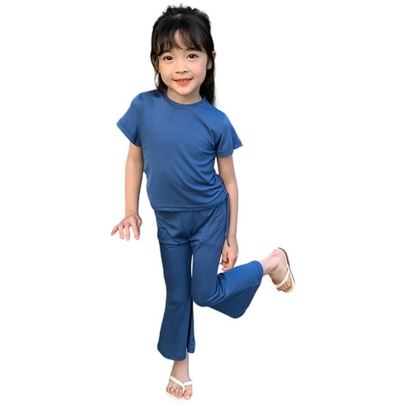YuYuBao Toddler Girls Outfits Sets Summer Solid Color Drawstrings Tshirts Tops And Flared Pants Soft Playwear 2 Piece Little Girls Classic Athletic Sets, 4-5 Years