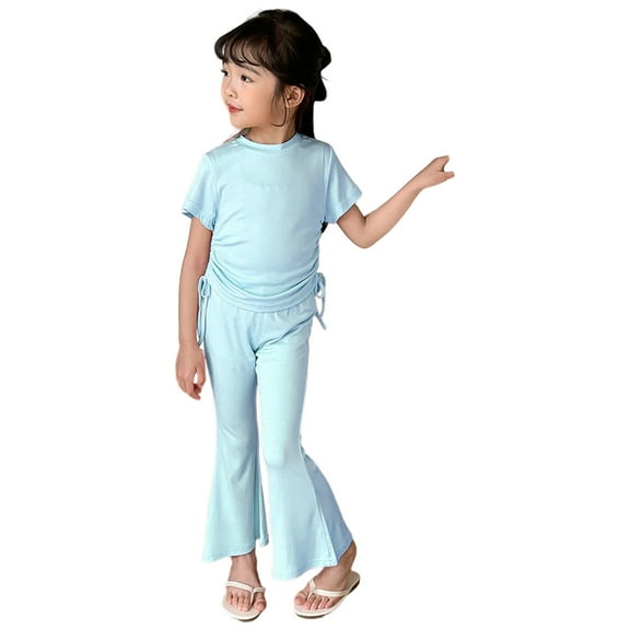 YuYuBao Toddler Girls Outfits Sets Summer Solid Color Drawstrings Tshirts Tops And Flared Pants Soft Playwear 2 Piece Little Girls Classic Athletic Sets, 2-3 Years