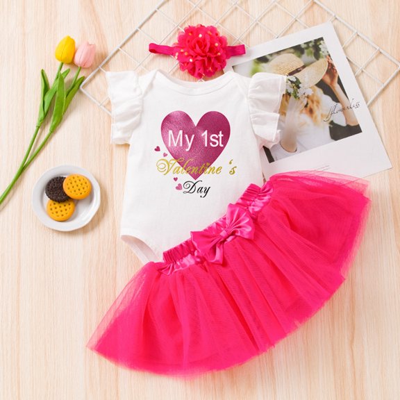 YuYuBao Toddler Girls Outfits Sets Valentine's Day Fly Sleeve Princess Dress   Tulle Skirts   Headbands 3 Pieces Sets