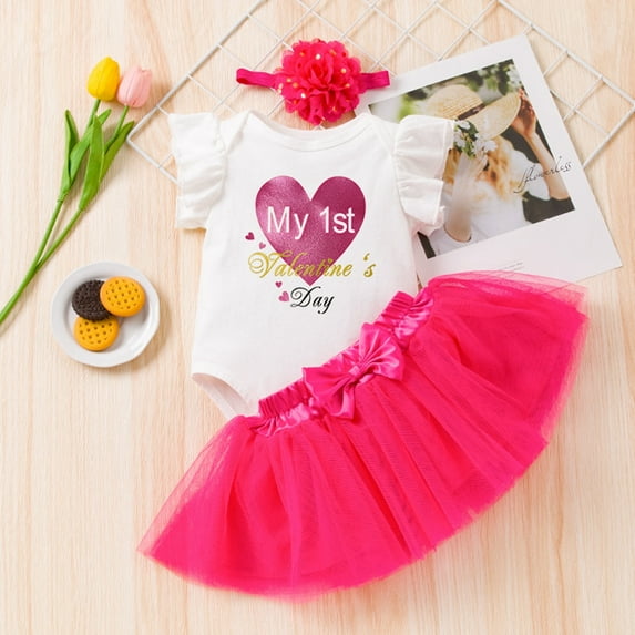 YuYuBao Toddler Girls Outfits Sets Valentine's Day Fly Sleeve Princess Dress + Tulle Skirts + Headbands 3 Pieces Sets