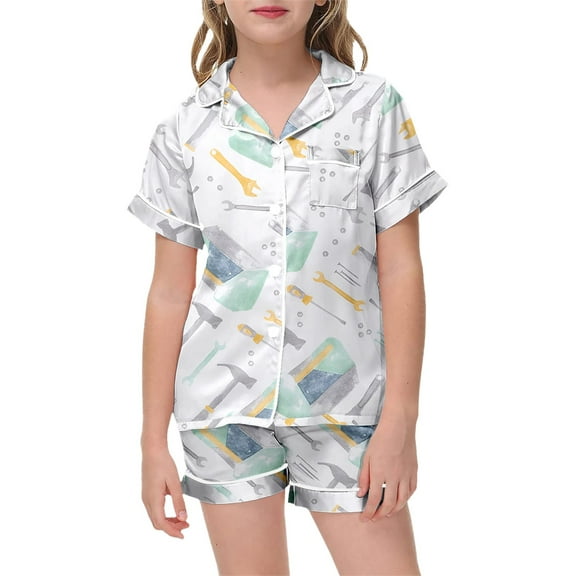 YuYuBao Toddler Girls Pajamas Satin Silk Homewears Graphic Print Short Sleeve Button Shirt Shorts 2Pcs Kids Children Button Down Classic Loungewear, 11-12 Years