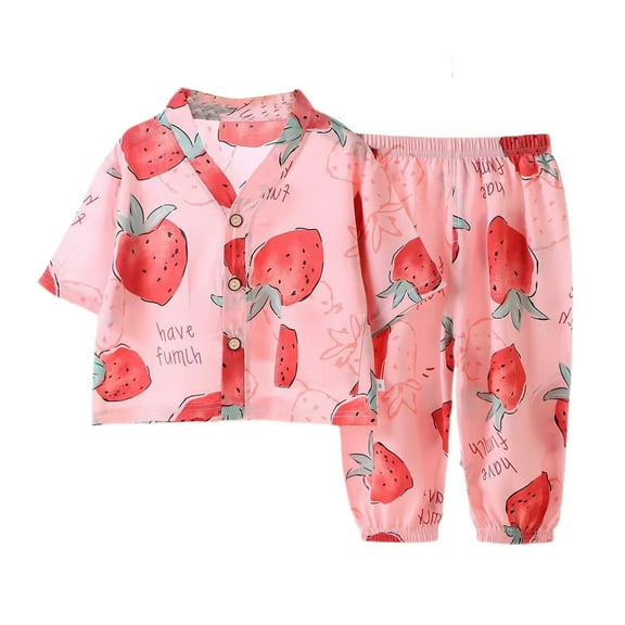 YuYuBao Toddler Girls Pajamas Sets Button Down Sleepwear Long Sleeve Strawberry Print Shirts Tops   Pants 2 Piece Girls Pajamas Loungewear Suits, 18-24 Months