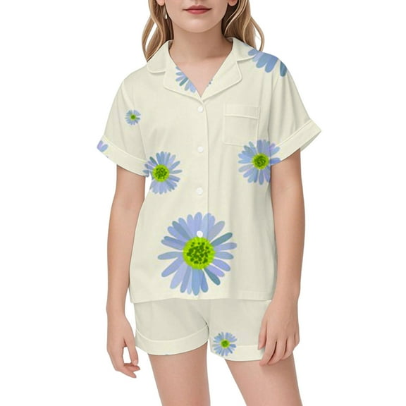 YuYuBao Toddler Girls Pajamas Sets Satin Silk Summer Short Sleeve Cartoon Flowers Print Shirts And Shorts Soft Loungewear Girls Sleepwear Lounge Sets, 12-13 Years