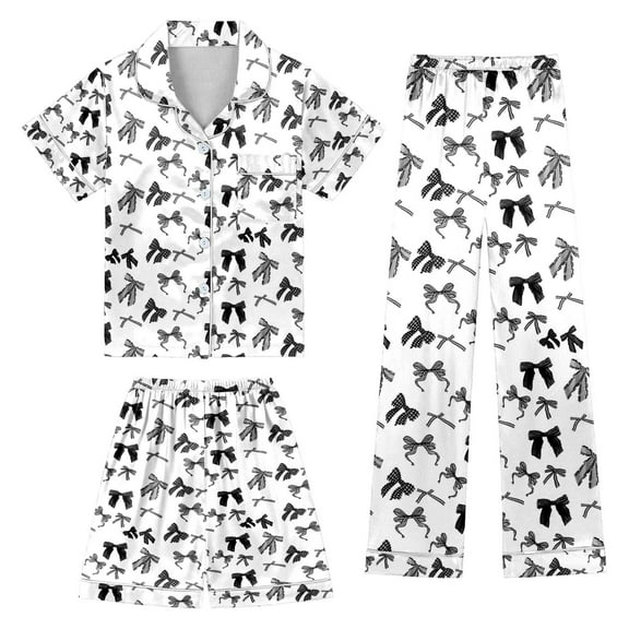 YuYuBao Toddler Girls Pajamas Sets Summer Pink Bowknot Print Cute Button Down Sleepwear With Pants 3 Piece Set Kids Girls Loungewear , 8-9 Years