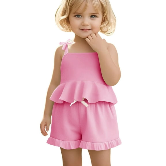 YuYuBao Toddler Girls Summer Outfits 2 Piece Sets Sleeveless Pure Color Ruffles Romper   Shorts Sets Kids Girls Beach School Party Outfits , -