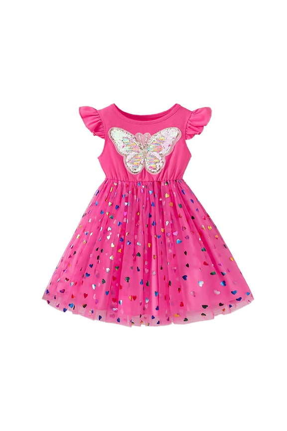 Toddler Girls Tutu Dress Flutter Sleeve Butterfly Print Casual Summer Wedding Tutu Dresses Children Girls Beach Princess mesh Tulle Sundress , 6-7 Years