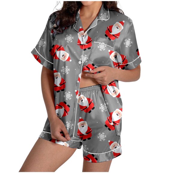 YuYuBao Women Pajamas Sets Christmas Santa Claus Print Silk Satin Buttons Pajamas Sets Pjs Loungewear Nightwear