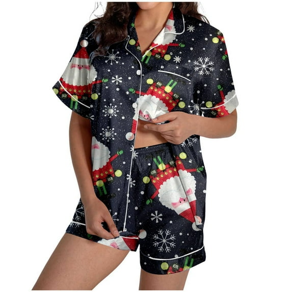 YuYuBao Women Pajamas Sets Christmas Santa Claus Print Silk Satin Buttons Pajamas Sets Pjs Loungewear Nightwear