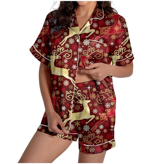 YuYuBao Women Pajamas Sets Christmas Snowflake Print Silk Satin Short Sleeve Button Tops Shorts Pajamas Nightwear