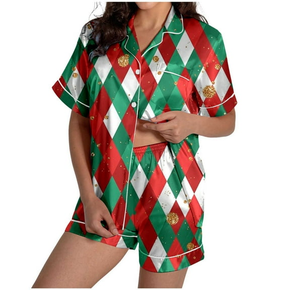 YuYuBao Women Pajamas Sets Christmas Snowflake Print Silk Satin Short Sleeve Button Tops Shorts Pajamas Nightwear