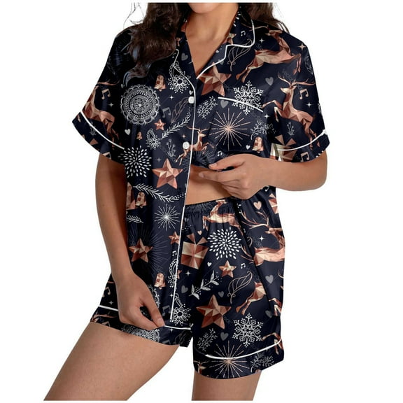 YuYuBao Women Pajamas Sets Christmas Snowflake Print Silk Satin Short Sleeve Shirt With Shorts Pjs Sleepwear Sets