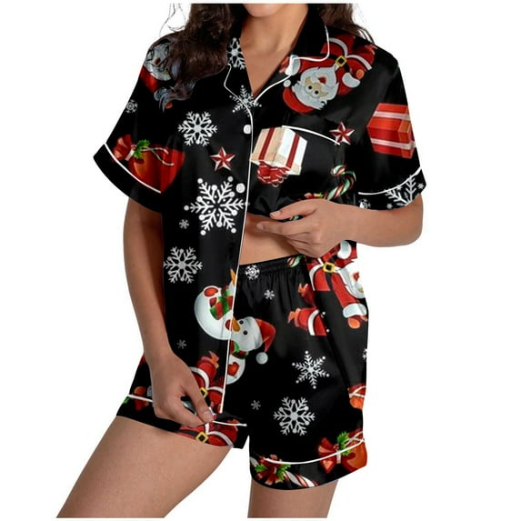 YuYuBao Women Pajamas Sets Christmas Snowflake Print Silk Satin Short Sleeve Shirt With Shorts Pjs Sleepwear Sets