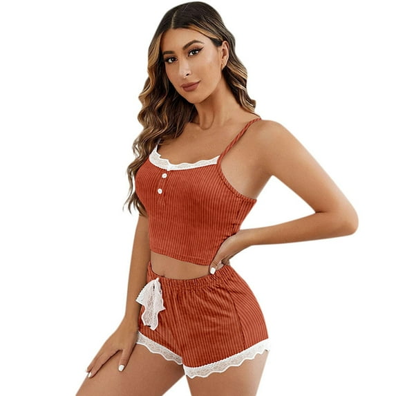 YuYuBao Women Pajamas Sets Summer Solid Color Lace Trim Cami And Shorts Pajamas Wear Home Clothes