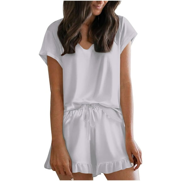 YuYuBao Womens Pajamas Set Satin Ruffles Sleepwear Camisole Short Sleeve Shirts With Shorts 2 Piece Nightwear