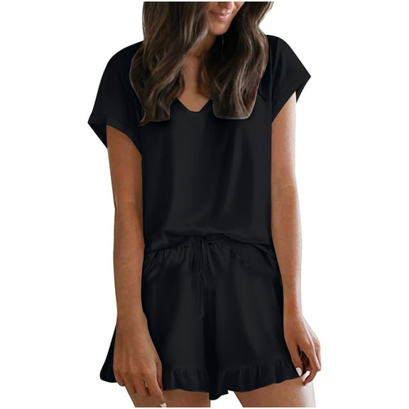 YuYuBao Womens Pajamas Set Satin Ruffles Sleepwear Camisole Short Sleeve Shirts With Shorts 2 Piece Nightwear