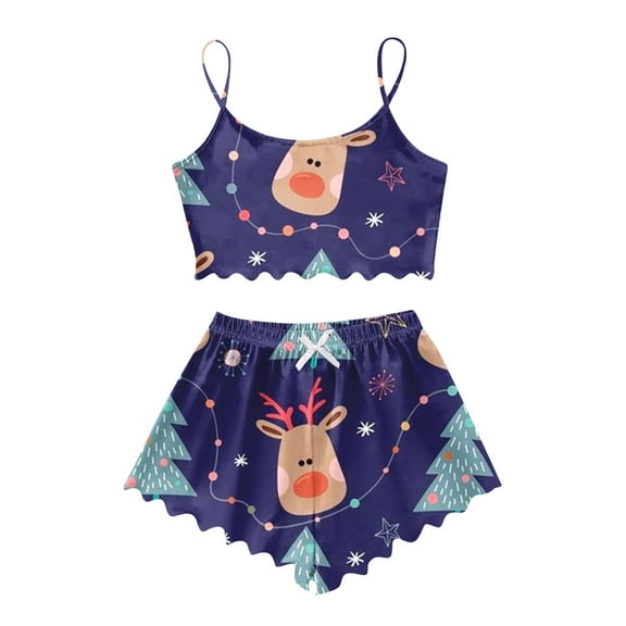YuYuBao Womens Pajamas Sets Christmas Cartoon Deer Print Shorts Lace Trim Cami Top Shorts Sleepwear Pajamas Sets