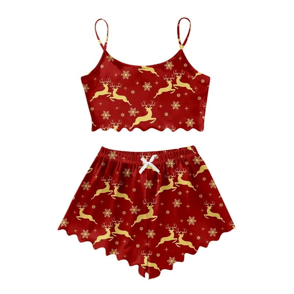 YuYuBao Womens Pajamas Sets Christmas Cartoon Deer Print Shorts Lace Trim Cami Top Shorts Sleepwear Pajamas Sets