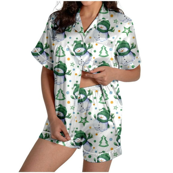 YuYuBao Womens Pajamas Sets Christmas Snowflake Print Silk Satin Short Sleeve Button Shirts With Shorts Pajama Sets