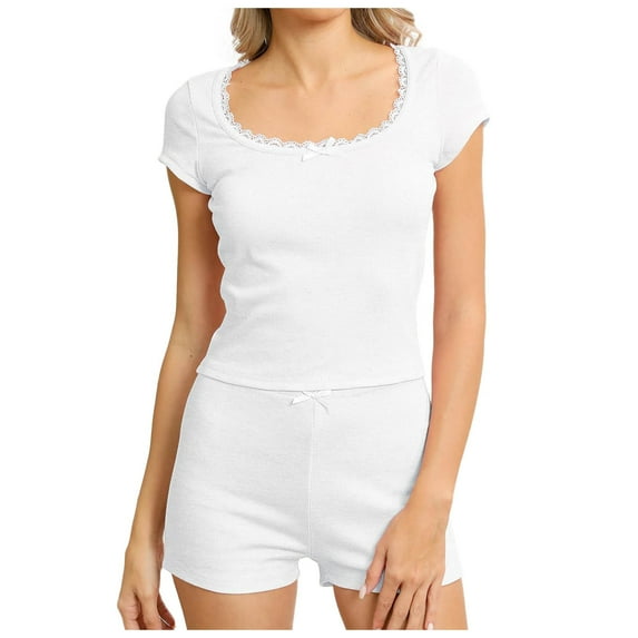 YuYuBao Womens Pajamas Sets Two Piece Homewear Ribbed Lace Slim Square Neck Shirt With Shorts Pajama Sets