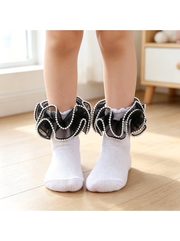 Black Girls Pearl Lace Socks, Cute Puffy 3D Ruffle Princess Ankle Socks, Soft Breathable Frilly Dress Socks for Dance Wedding Party Photos, Cute Gift Pick, Size XXS